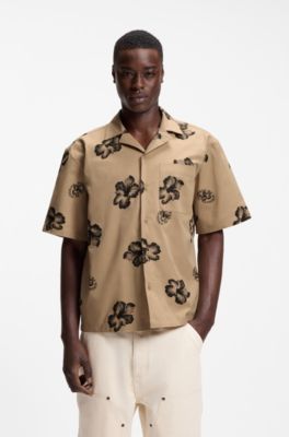 Camicia relaxed fit in cotone elasticizzato con stampa con ibisco, Beige a motivi