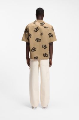 Camicia relaxed fit in cotone elasticizzato con stampa con ibisco, Beige a motivi