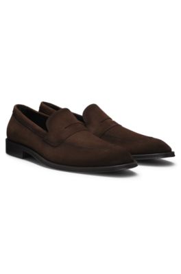Italian-made suede loafers with penny trim, Dark Brown