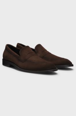 Italian-made suede loafers with penny trim, Dark Brown