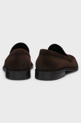 Italian-made suede loafers with penny trim, Dark Brown