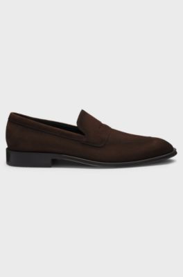 Italian-made suede loafers with penny trim, Dark Brown