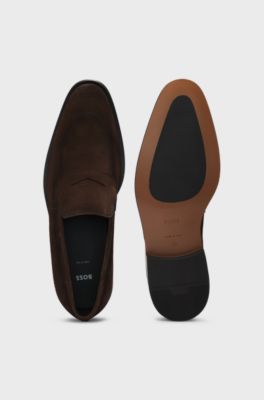 Italian-made suede loafers with penny trim, Dark Brown