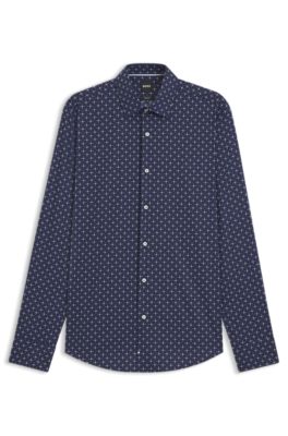 Regular-fit shirt in printed stretch-cotton poplin, Blue Patterned