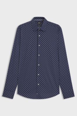Regular-fit shirt in printed stretch-cotton poplin, Blue Patterned