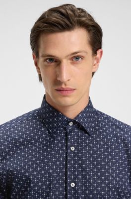 Regular-fit shirt in printed stretch-cotton poplin, Blue Patterned