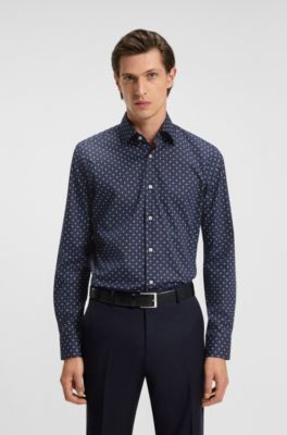 Regular-fit shirt in printed stretch-cotton poplin, Blue Patterned