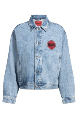 Blue-denim regular-fit jacket with racing logo, Light Blue