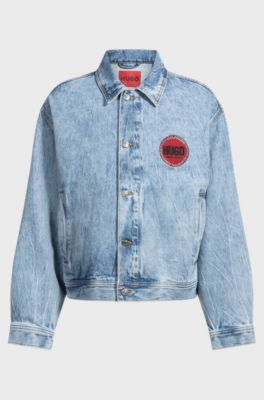 Blue-denim regular-fit jacket with racing logo, Light Blue