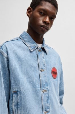 Blue-denim regular-fit jacket with racing logo, Light Blue