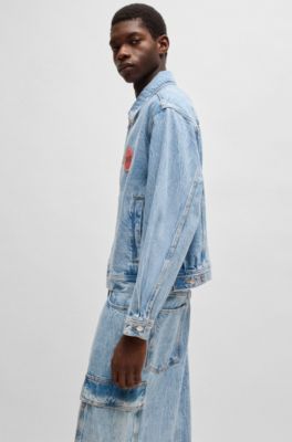 Blue-denim regular-fit jacket with racing logo, Light Blue