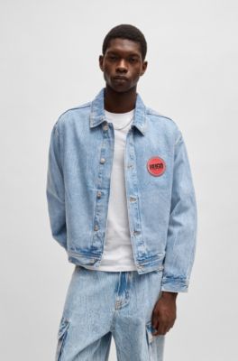Blue-denim regular-fit jacket with racing logo, Light Blue