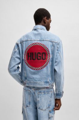 Blue-denim regular-fit jacket with racing logo, Light Blue