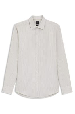 Slim-fit shirt in a striped linen blend, Beige Patterned