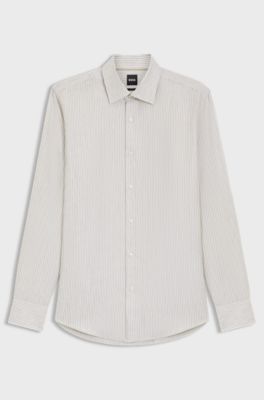 Slim-fit shirt in a striped linen blend, Beige Patterned