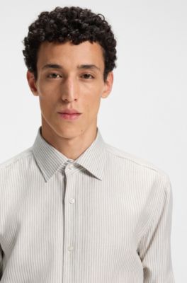 Slim-fit shirt in a striped linen blend, Beige Patterned