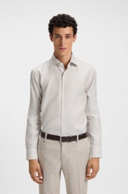 Slim-fit shirt in a striped linen blend, Beige Patterned