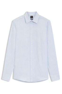 Slim-fit shirt in a striped linen blend, Blue Patterned