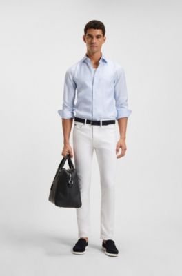 Slim-fit shirt in a striped linen blend, Blue Patterned