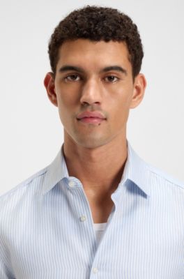 Slim-fit shirt in a striped linen blend, Blue Patterned