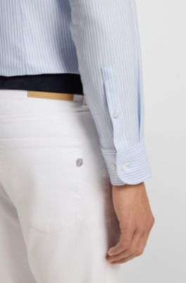 Slim-fit shirt in a striped linen blend, Blue Patterned