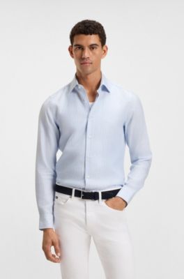 Slim-fit shirt in a striped linen blend, Blue Patterned