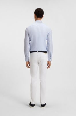 Slim-fit shirt in a striped linen blend, Blue Patterned