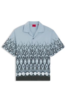 Oversized-fit cotton shirt with hand-painted print, Blue Patterned