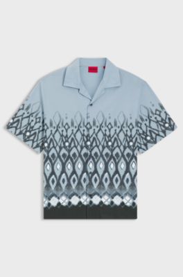 Oversized-fit cotton shirt with hand-painted print, Blue Patterned