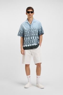 Oversized-fit cotton shirt with hand-painted print, Blue Patterned