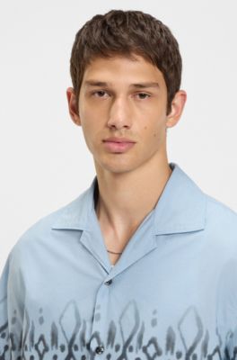 Oversized-fit cotton shirt with hand-painted print, Blue Patterned