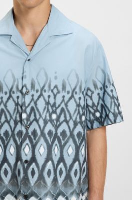 Oversized-fit cotton shirt with hand-painted print, Blue Patterned