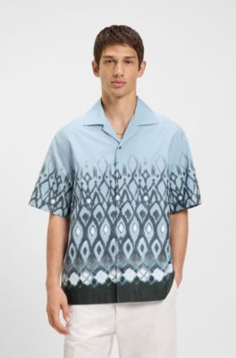 Oversized-fit cotton shirt with hand-painted print, Blue Patterned