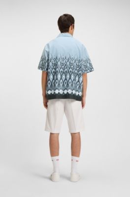 Oversized-fit cotton shirt with hand-painted print, Blue Patterned
