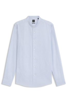 Slim-fit shirt in striped linen-blend twill, Light Blue