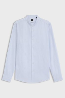 Slim-fit shirt in striped linen-blend twill, Light Blue