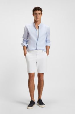 Slim-fit shirt in striped linen-blend twill, Light Blue