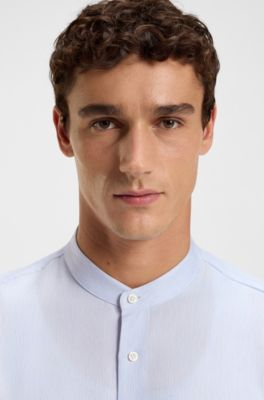 Slim-fit shirt in striped linen-blend twill, Light Blue