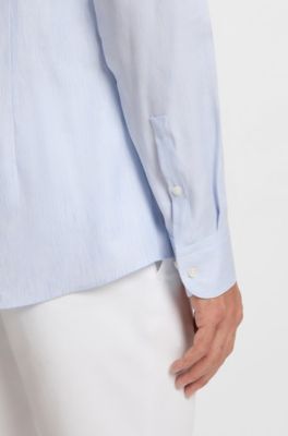 Slim-fit shirt in striped linen-blend twill, Light Blue
