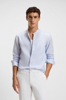 Slim-fit shirt in striped linen-blend twill, Light Blue