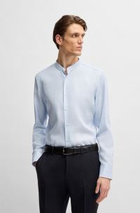 Camisa slim fit a rayas en sarga de lino, Celeste