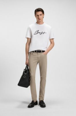 Delaware slim-fit trousers in stretch-cotton satin, Beige