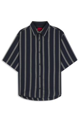 Loose-fit shirt in a striped open-weave cotton blend, Dark Blue