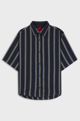 Loose-fit shirt in a striped open-weave cotton blend, Dark Blue