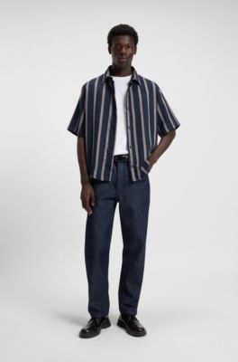 Loose-fit shirt in a striped open-weave cotton blend, Dark Blue