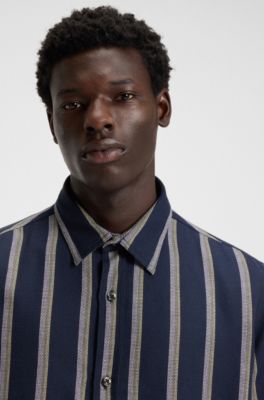 Loose-fit shirt in a striped open-weave cotton blend, Dark Blue
