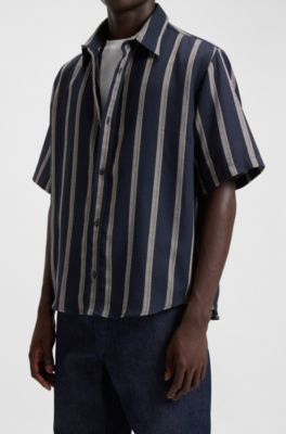 Loose-fit shirt in a striped open-weave cotton blend, Dark Blue