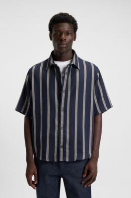 Loose-fit shirt in a striped open-weave cotton blend, Dark Blue