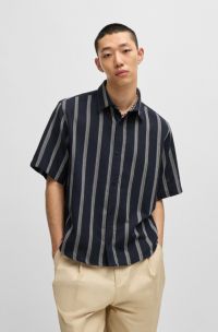 Loose-fit shirt in a striped open-weave cotton blend, Dark Blue