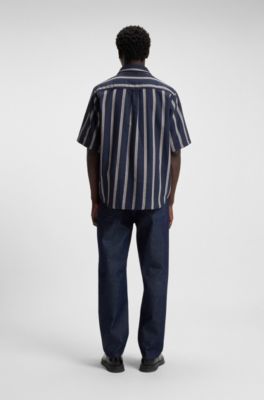 Loose-fit shirt in a striped open-weave cotton blend, Dark Blue